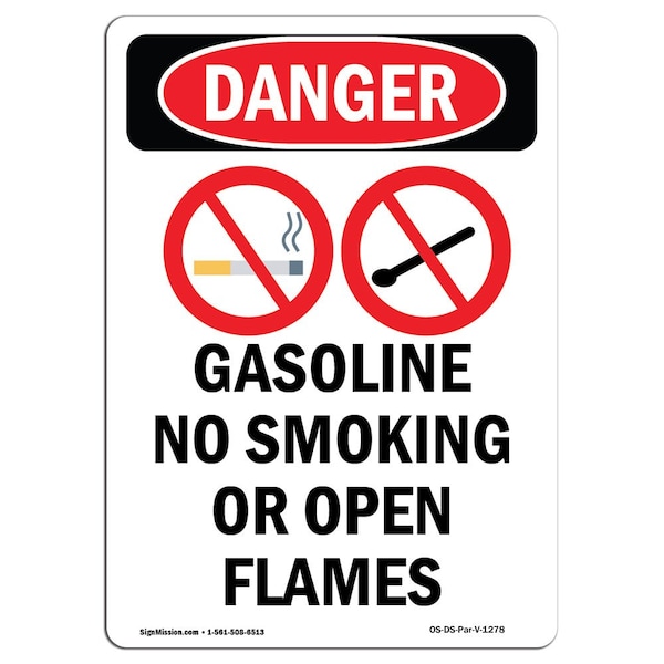 Safety Sign, OSHA Danger, 24" Height, Aluminum, Gasoline No Smoking, Portrait